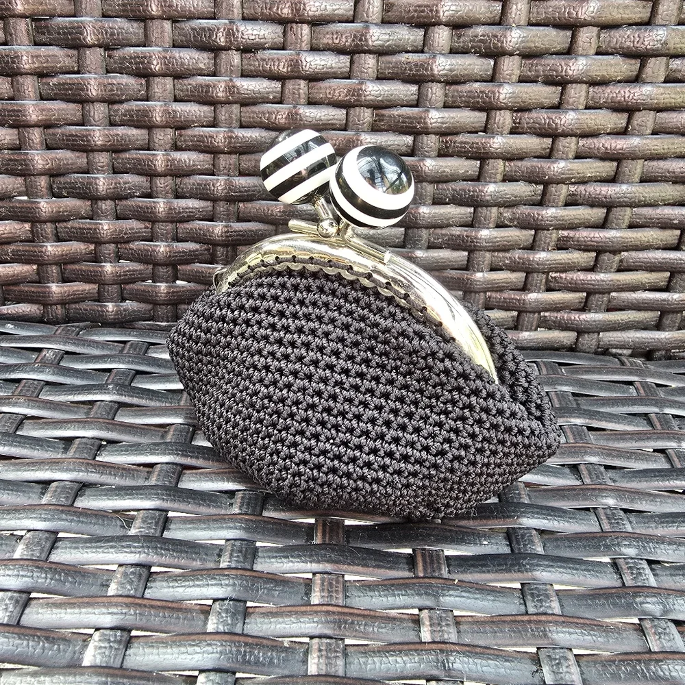NEW Handcrafted Crochet KissClasp Black Coin Purse